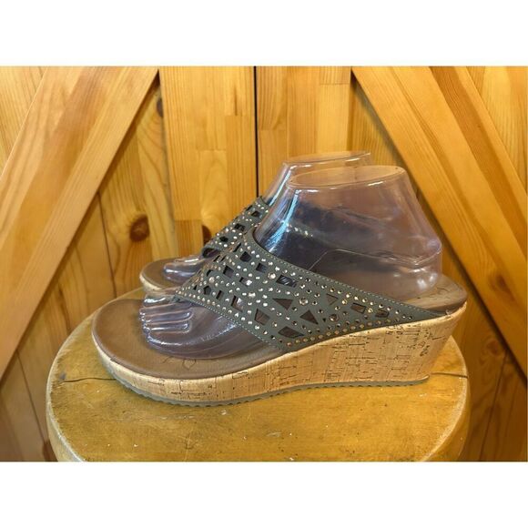 SKECHERS Womens Cork Wedge Sandals Size 10 Gray & Bling - Picture 3 of 10